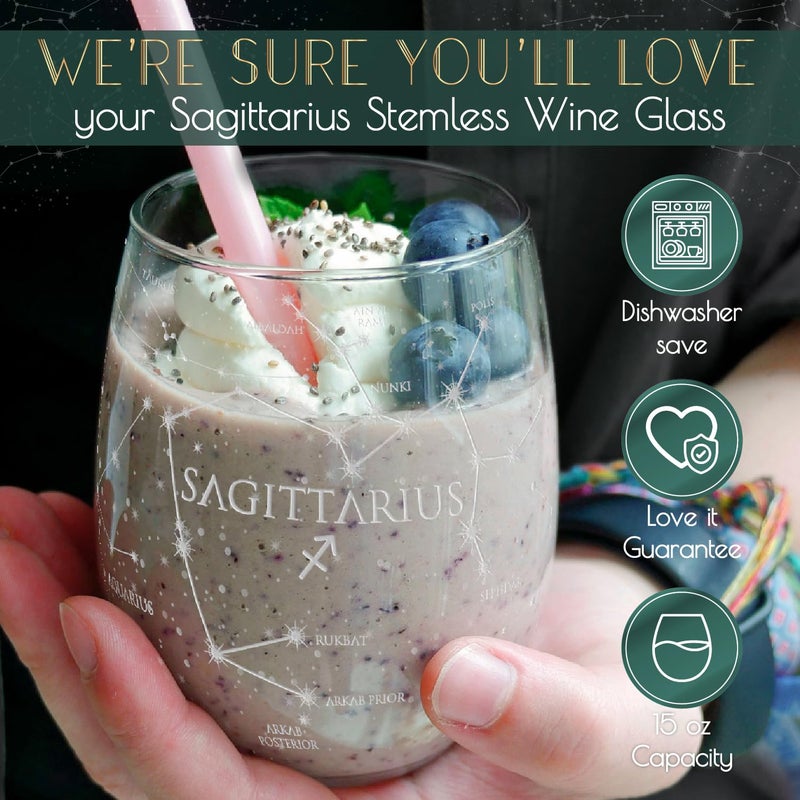 Greenline Goods Sagittarius Stemless Wine Glasses Zodiac Sagittarius Set Hand Etched 15 oz (Set of 2) - Astrology Sign Glassware - Image 3